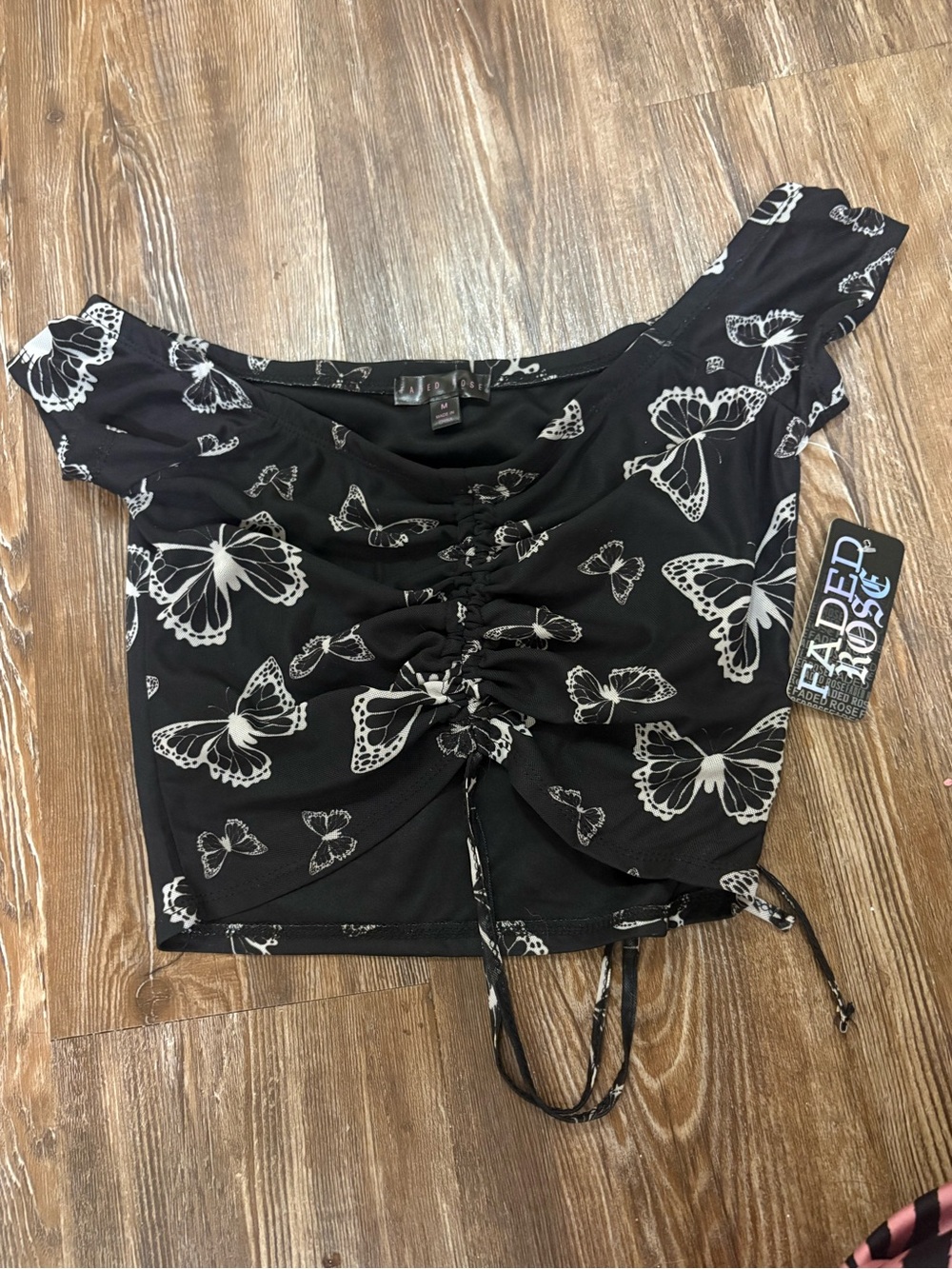 Black Butterfly Ruched Crop Top